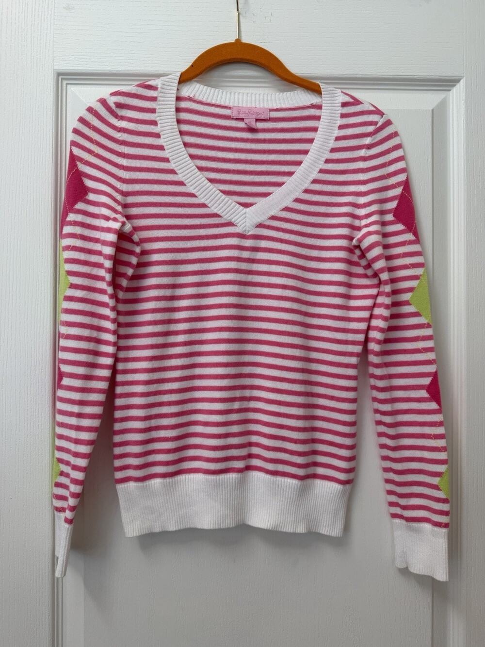 Lilly Pulitzer XS Pink White Stripe Argyle Sleeve V Neck Cotton Knit Sweater